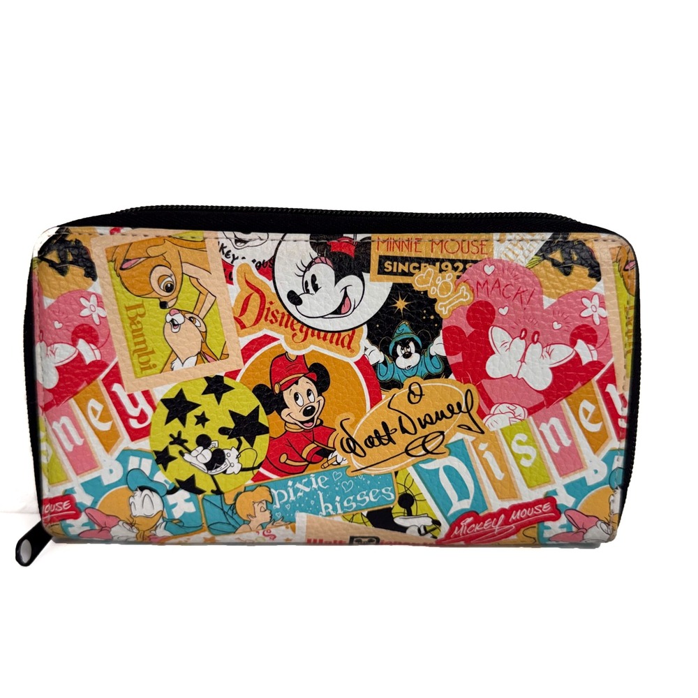 Disney Parks Mickey Minnie Bambi Donald Duck Collage Zip Around Wallet Multi